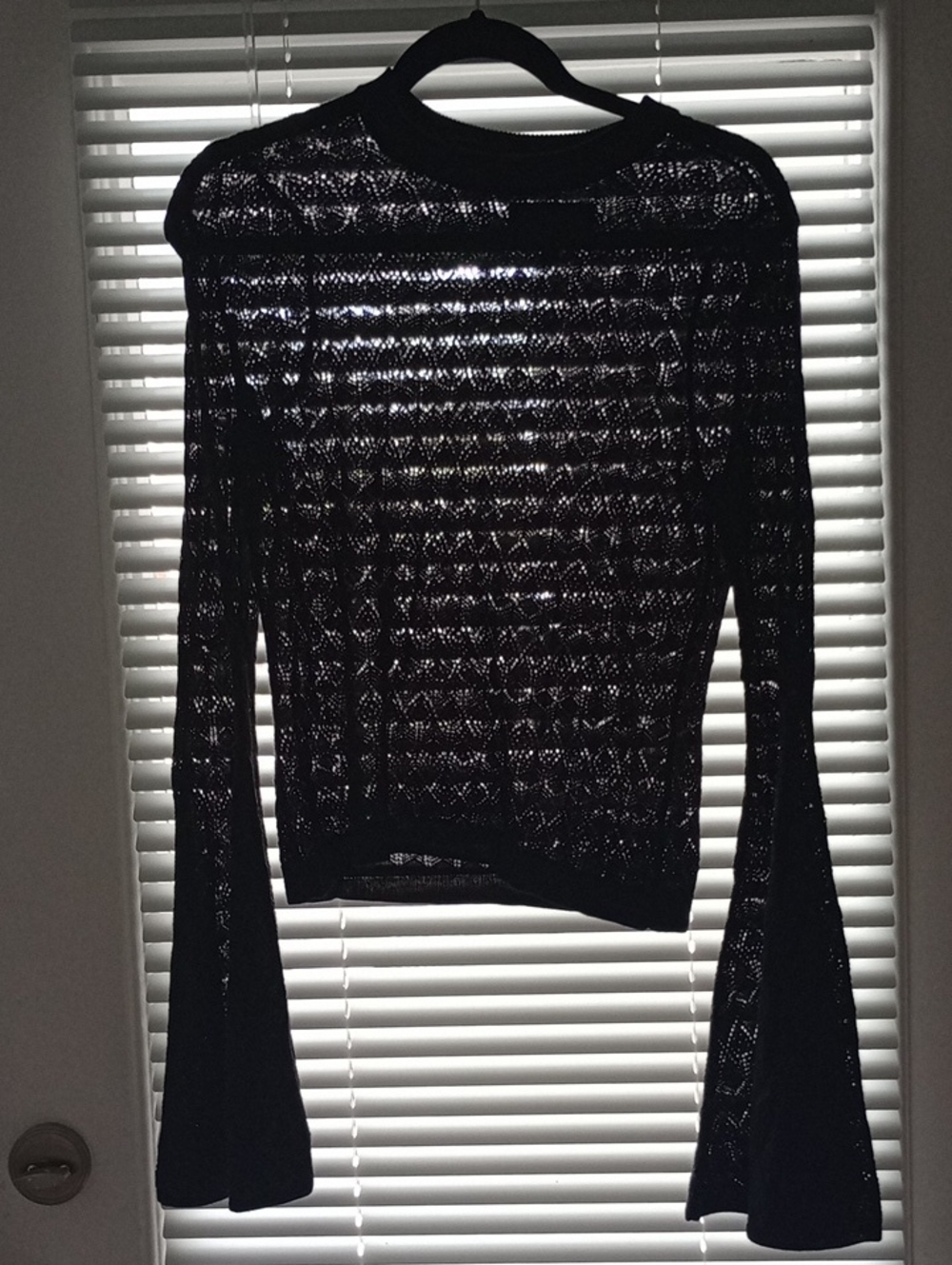 Shyanne Black Ribbed Long-Sleeve Top with Bell Sleeves Knit Boho/Cottage Vibe L